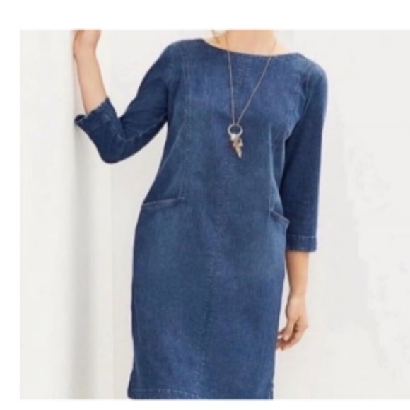 J. Jill Modest Casual Blue Denim Shift Dress with 3/4 Sleeves - Size Small Tall - Picture 2 of 9